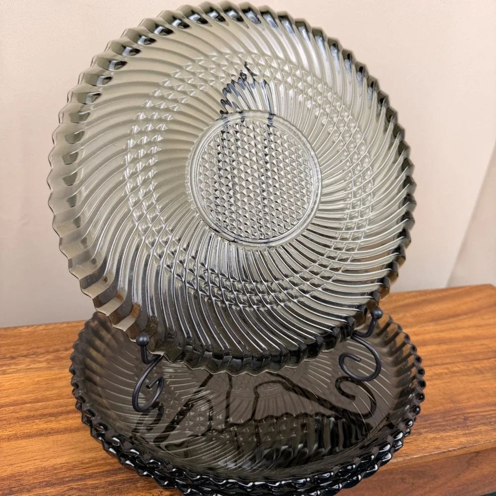 Libbey Black Swirl Glass Dinner Plates Smoke Gray Scalloped Rim Set of 3